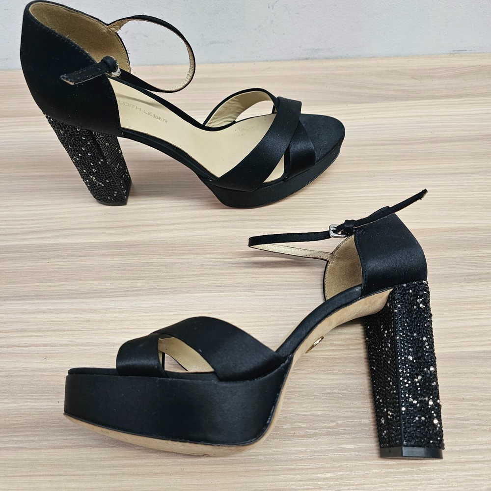 JUDITH LEIBER Shoes Women 6.5 Black Swarovski Crystal Ankle Strap Platform Heels